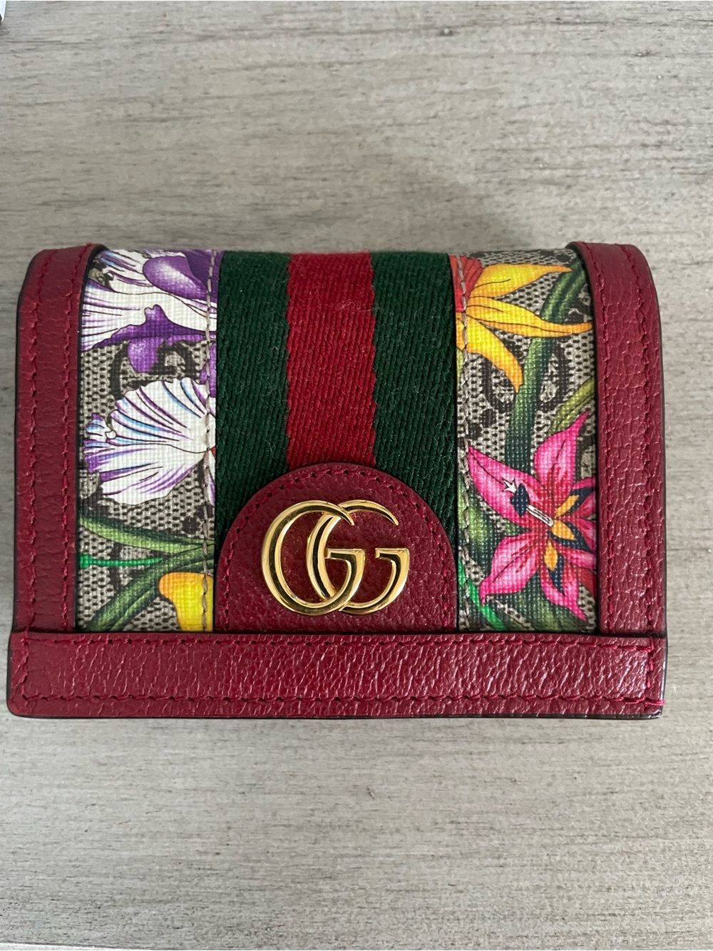 Gucci Red Floral Leather Compact Wallet with Green-Red Web Stripe